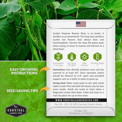 Survival Garden Seeds Scarlet Emperor Runner Bean Seeds for Planting - 3 Packets with Instructions to Plant & Grow Red Multiflora Beans in Your Home Vegetable Garden - Non-GMO Heirloom Variety