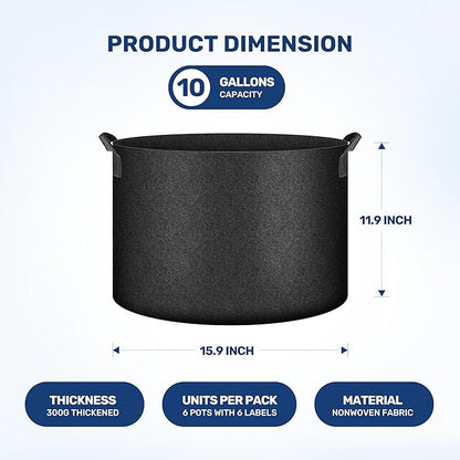 HealSmart 10 Gallon 6 Pack Nonwoven Grow Bags, Aeration Fabric Pots with Handles, Heavy Duty Garden Grow Pots for Tomato Vegetables Flowers, 6 Plant Labels, Black