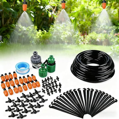 50FT Garden Drip Irrigation Kit - DIY Misting Cooling System with 1/4" Tubing & Adjustable Atomizing Nozzles for Greenhouse, Patio, Raised Beds, Potted Plants