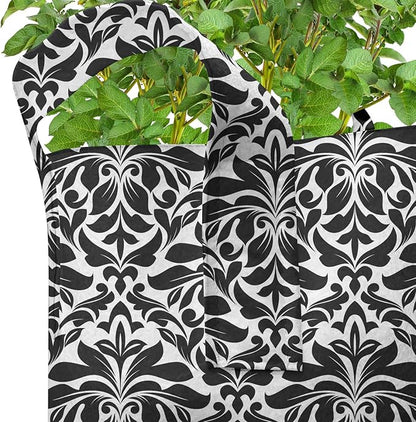 Ambesonne White Damask Grow Bags 5-Pack, Flourish Curls Strokes, Heavyduty Fabric Pots with Handles for Plants, Charcoal Grey