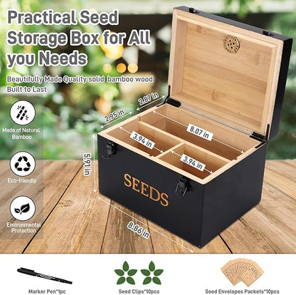 Professional-Designed Bamboo Seed Storage Box with Built-in Hygrometer, Double-Layer Airtight Lid and Safety Lock, Temperature-Stable Wooden Seed Organizer for Preservation, Great Gifts for Gardener