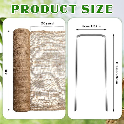 Tranqun Jute Erosion Control W Soil Saver Mesh Blanket Jute Netting with 100 Galvanized 4'' Landscape Staple Burlap Net Cloth for Erosion Control on Hill Slope Riverbank Oceanfront (60 ft L x 4 ft)