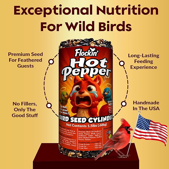 Hot Pepper Bird Seed Cylinders with Hole – Spicy Birdseed to Reduce Squirrels – Bird Seeds for Outside Wild Birds – No Mess Birdseed – Hot Birdseed with No Filler – All Natural, USA Made (4" x 7.75")