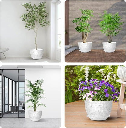 12 inch Large Plant Pots, Flower Pots with Multi-Mesh Drainage Holes and Saucer, Plastic Planters for Indoor and Outdoor Garden Plants (Speckled White, 12")