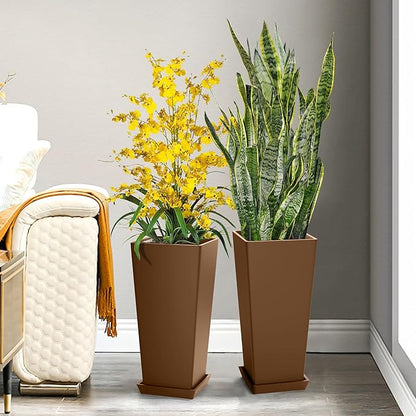 Set of 4 24" Tall Plastic Planters with Trays, Large Tapered Plant Pots for Indoor Outdoor Use, Modern Decorative Planters for Porch, Patio, Garden, and Backyard
