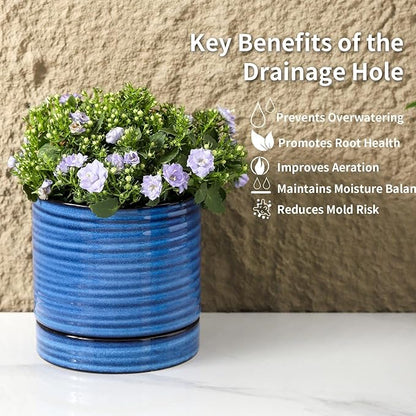HASENSE Ceramic Plant Pots, 4.6 Inch Succulent Flower Pots for Indoor Plants, Modern Glaze Planter with Drainage Hole and Saucer, Blue Mini Windowsill Tabletop Decor, Set of 4