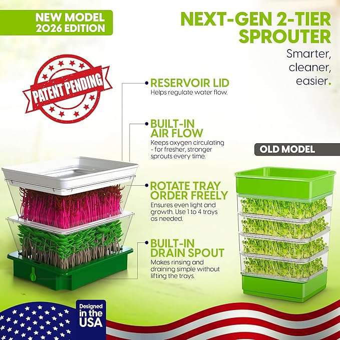 2-Tier Stackable Sprouting Kit with Sink Drain Spout & Ventilated Trays – Modular Seed Sprouter & Microgreens Germination System for Growing Broccoli, Alfalfa & Bean Sprouts.