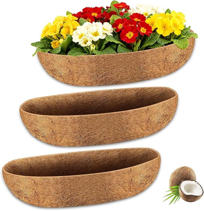 Halatool 3 Pack 24 Inch Trough Coconut Liners for Planters Natural Coco Fiber Replacement Liners for Window Box Fence Railing Wall Windowsill Planter
