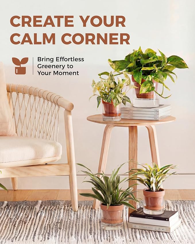 Bamworld Self Watering Pots for Indoor Plants Terracotta Pots Terracotta Planter with Cylinder Glass Cup Clay Flower Pots Ceramic Orchid Pots Modern Office Home Decor 4 Inch