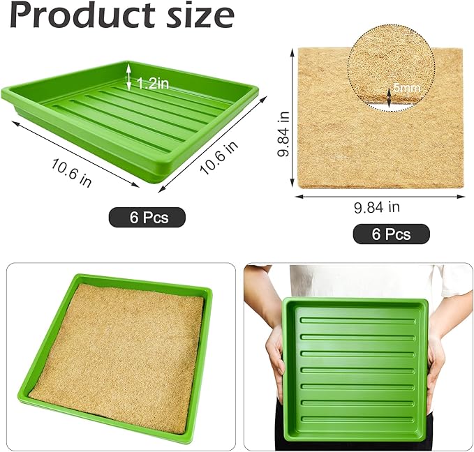6Set Microgreens Growing Mat with Tray, Microgreen Growing Kit 10″×10″ Wheatgrass Seed Sprouting Starter Mat Hemp Fiber Grow Hydroponic Jute Pad Indoor Organic Production for Germination Sprouts(G)