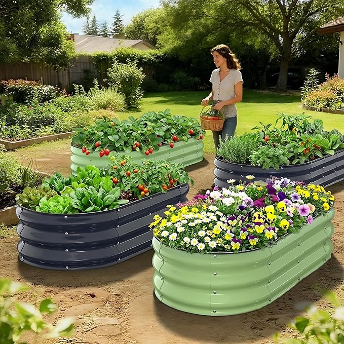 Raised Garden Bed 4×2×1 FT, Galvanized Metal Raised Planter Box, Vegetable Planting Container with Safety Edge Trim, Hardware & Gloves Included, Fruit Green for Backyard Patio Balcony