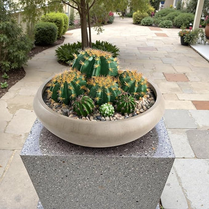Bowl Planter 23.3" Dia x 7.9" H Succulent Pot with Drain Hole, 20.9" Opening Weathered Concrete Flowerpot for Indoor Outdoor Plants Herbs Bonsai, Round Planters for Home, Patio, Garden, Large-Natural