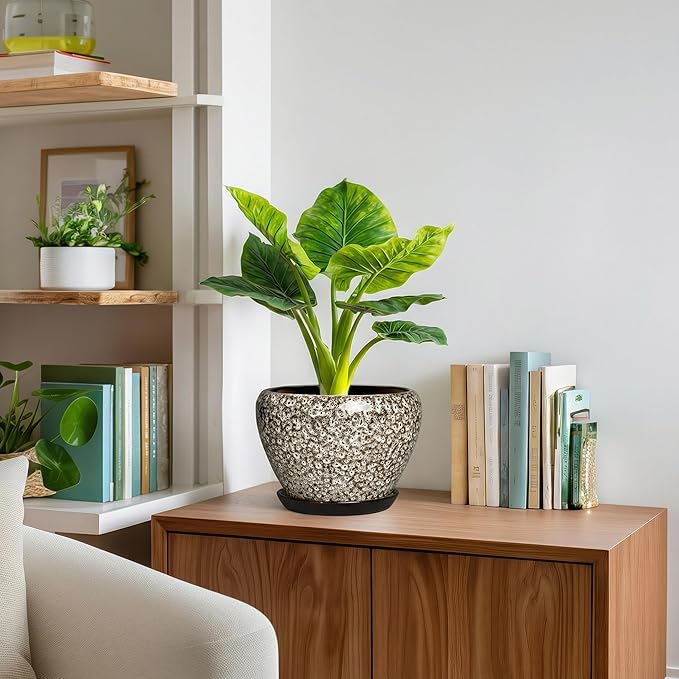 Ceramic Plant Pots - 8 Inch Planters for Indoor Outdoor Plants, Decorative Pots for Plants with Drainage Hole and Saucer, Modern Flower Pot, Room Decor, Plant Lover Gifts, White Leopard