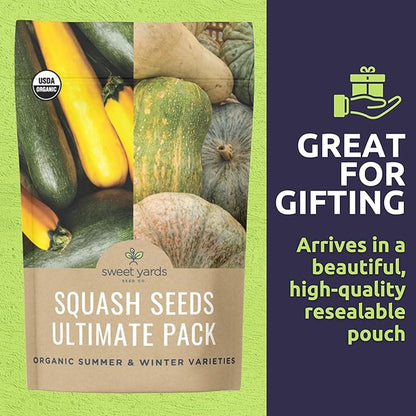 Organic Squash Seeds (Summer and Winter) Variety Pack - 10 Individual Packs - 2026 Season - Cocozelle, Spaghetti, Butternut, Golden Zucchini and More! for Indoor & Outdoor Planting