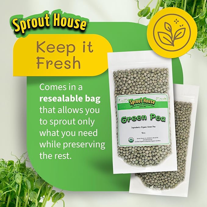 The Sprout House Green Peas - Organic Green Peas for Sprouting or Cooking, High Germination, Non-GMO, Resealable Bag for Freshness, Perfect for Salads, Shoots, & Healthy Recipes, 1LB Green Pea Seeds