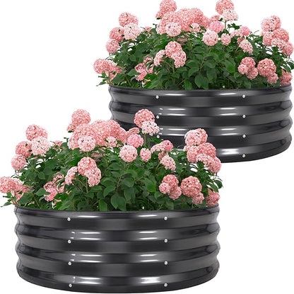 Galvanized Raised Garden Bed- 2Pcs Metal Planter Boxes Outdoor | 12" Tall 36" Round Steel Raised Bed Kit & Fire Pit Ring for Gardening with Protective Tape for Vegetables, Flower (Grey)
