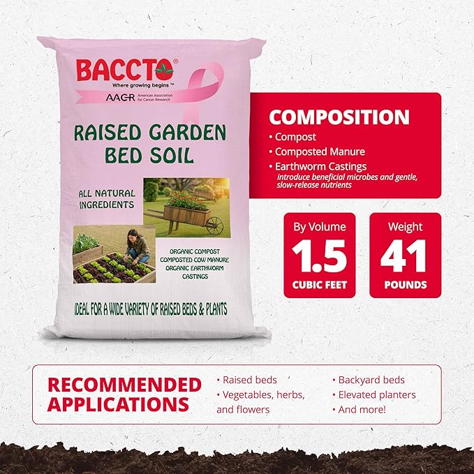 Michigan Peat Company BACCTO Raised Bed Soil with Organic Compost, Manure, & Earthworm Castings for All Plant Types, 1.5 Cubic Feet