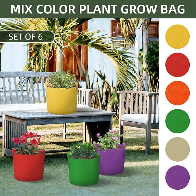 6 Pack 5 Gallon Grow Bags, Colorful Fabric Plant Pots with Handles, Garden 5 Gal Fabric Grow Pots, Vegetable Plant Growing Bags for Garden (5 Gallon)