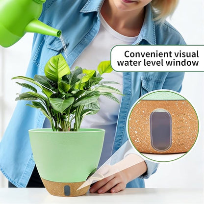 MNKXL 12"/10"/9"/8" Self Watering Pots with Visual Water Window,Extra Large Self Watering Plant Pots with Drainage Holes & Saucers,Green Planters for Indoor Plants,4-Pack