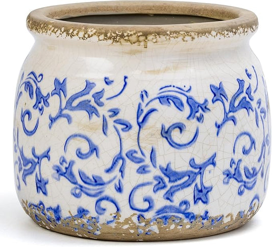 Flower Pot,Vintage Ceramic Pot for Planter with Drainage Holes, 6.29 inch Ice Crack Glazed Indoor Planters Pot for Indoor,Tuscan Home Decor,Gardening Gifts,Blue and White (Tropical)