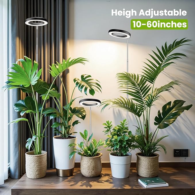 Black Grow Light, Full Spectrum LED Plant Lighs for Indoor Growing with 6/12/16H Timer, 3 Color Modes, 5 Brightness, 10"-60" Height Adjustable Grow Lamp for Tall Indoor Plants (3 Pack)