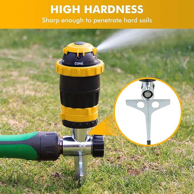 RESTMO Gear Drive Sprinkler with Metal Spike Base, 5-Pattern Heavy Duty Gardening Watering System, Multi-Adjustable Lawn Sprinkle for Garden Plant, Flower Bed and Large Yard Area Watering, Yellow