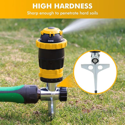 RESTMO Gear Drive Sprinkler with Metal Spike Base, 5-Pattern Heavy Duty Gardening Watering System, Multi-Adjustable Lawn Sprinkle for Garden Plant, Flower Bed and Large Yard Area Watering, Yellow
