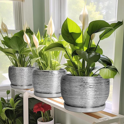 SQOWL Ceramic Pot for Plants - 10 Inch Planter Indoor, Round Large Planter Outdoor with Drainage Hole and Plant Saucer, Decorative Ceramic Flower Pot, Kitchen Decor, Housewarming Gifts, Silver