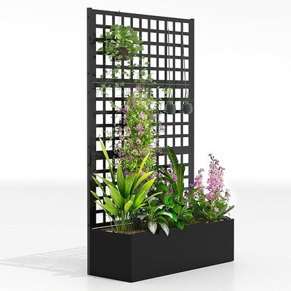 Outsunny Galvanized Raised Garden Bed with Trellis, Metal Planter Box with Drainage Holes, Outdoor Privacy Screen for Climbing Plants, Vegetable, Vines, 43" x 16" x 70", Black