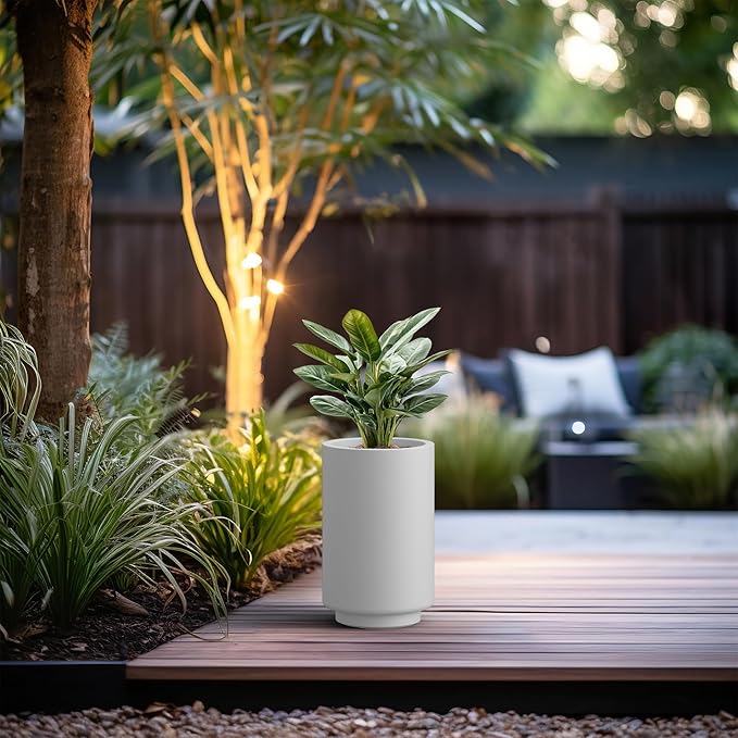 Kante 15.7 Inch Tall Concrete Planter, Round Pedestal Design Garden Pot for Indoor Outdoor Plants, Modern Garden Pot with Drainage Hole, White Finish with Painted Interior