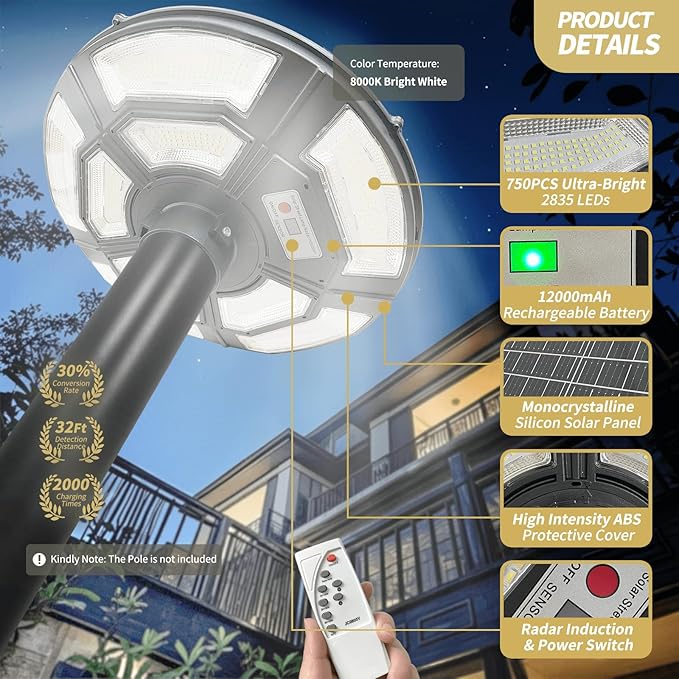 4000W Outdoor Street Light Head, Solar Powered, IP65 Waterproof, 350000LM 750 LEDs, Dusk to Dawn, Timer, Landscape Path Lamps, Post lamp with Remote for Lawn Pathway Driveway Yard