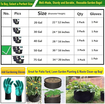 3-Pack 50 Gallon Thickened Plant Grow Bags Large (30x16 in) Heavy Duty Fabric Plant Pots Garden Bag for Potato,Tomato Planter,Herbs Veggies Planting,Flower Pots,Barrel Planter,Leaf Bag,Yard Waste Bags
