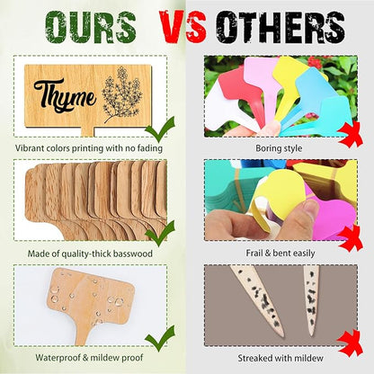 arricraft 15 Pcs Plant Labels, Wooden Herb Markers Herb T Type Tags Garden Labels with Printed Herb Name Wood Garden Stakes for Indoor and Outdoor Potted Seed Herbs Unique Funny Gifts