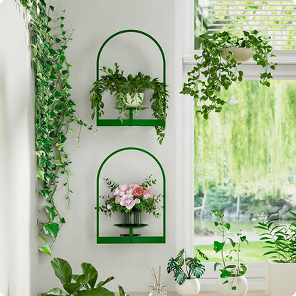 Green Metal Wall Plant Holder - 2-Pack Wall Mounted Plant Stands and Hanging Holders for Indoor Planter and Flower Pot - Arch Decor Shelf for Plant Storage (Pot Not Included)
