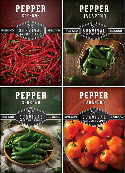 Hot Pepper Seeds Variety Pack for Planting | 4 Varieties: Jalapeno, Serrano, Cayenne & Habanero – Spicy Heirloom Chili Peppers for Hot Sauce & Salsa – Non-GMO – Survival Garden Seeds