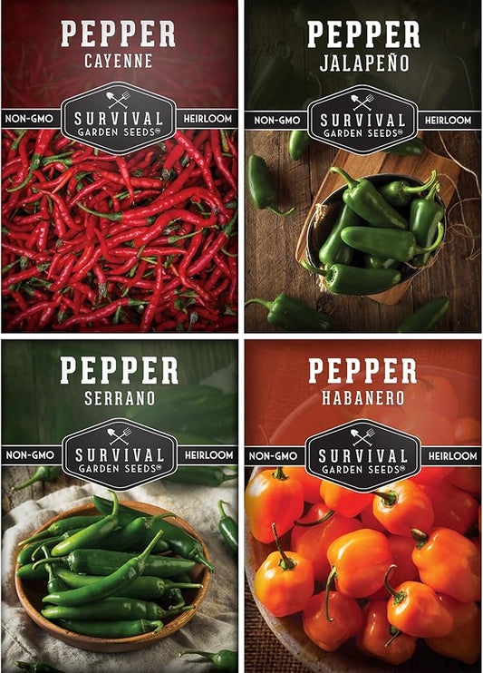 Hot Pepper Seeds Variety Pack for Planting | 4 Varieties: Jalapeno, Serrano, Cayenne & Habanero – Spicy Heirloom Chili Peppers for Hot Sauce & Salsa – Non-GMO – Survival Garden Seeds