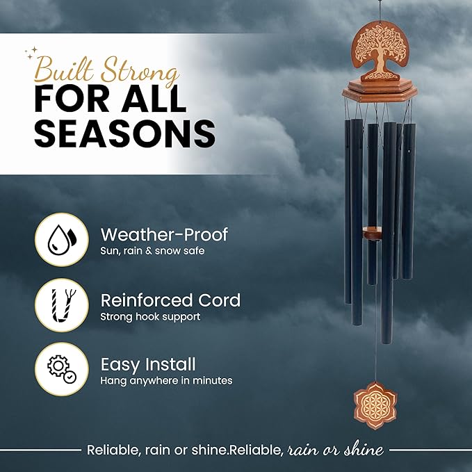 Outdoor Windchimes - Sympathy Gift for Loss of a Loved one, 36" Sympathy Gift Includes a Letter from Heaven & Keepsake Keychain, Deep Toned, Double Sided Engraving Hexagonal Pendant - Black