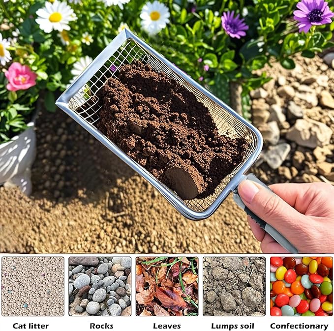 4Pcs Soil Sifter for Gardening, Mesh Stainless Steel Sieve Sifter with Handle(2/2.8/3.8/5mm), Portable Garden Sifter for Soil Rocks Sand Compost Dirt