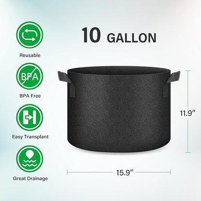YSSOA 10-Pack 10 Gallon Grow Bags, Aeration Nonwoven Fabric Plant Pots with Handles, Heavy Duty Gardening Planter for Potato, Tomato, Vegetable and Fruits, Black 2024 Version