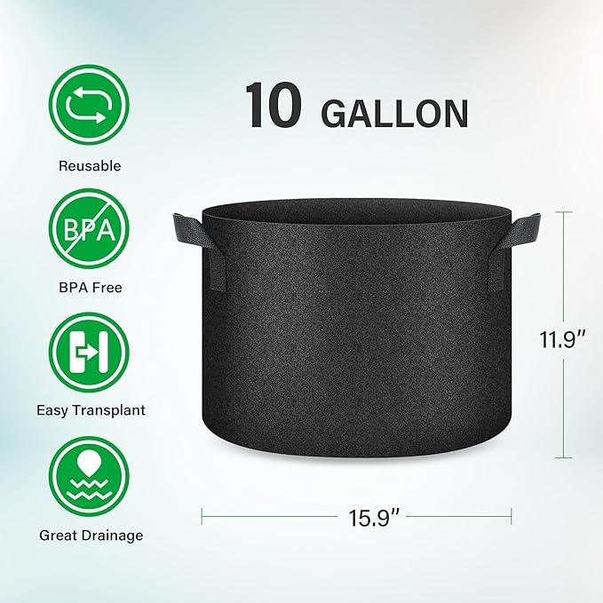 YSSOA 5-Pack 10 Gallon Grow Bags, Aeration Nonwoven Fabric Plant Pots with Handles, Heavy Duty Gardening Planter for Potato, Tomato, Vegetable and Fruits, Black 2024 Version