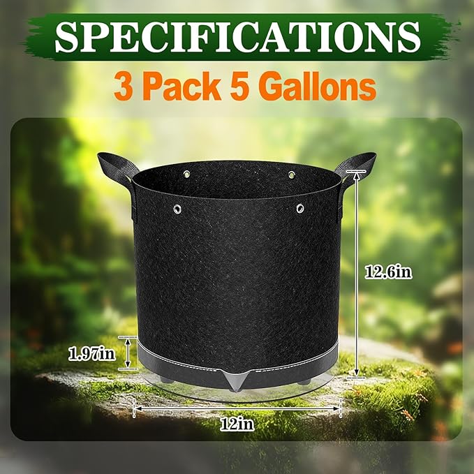 3 Pack 5 Gallon Self-Watering Grow Bags, Thick Nonwoven Fabric Pots with Support Rings and Reinforced Handles, Self-Watering Planters with Bottom Reservoir for Tomatoes Peppers Potatoes and Vegetables