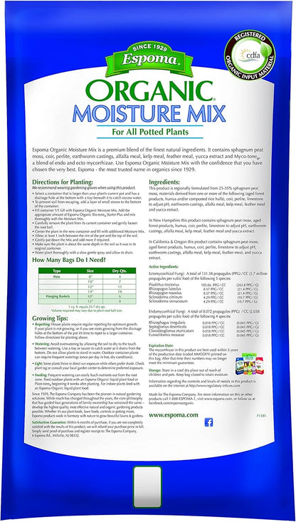 Espoma Organic Moisture Mix Potting Soil - All Natural Potting Mix For All Indoor & Outdoor Containers For Organic Gardening, 1 cubic foot bag. Pack of1