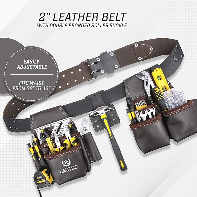 LAUTUS Oil Tanned Leather Tool Belt Rig, Carpenter, Construction, Framers, Handyman - 100% LEATHER |Adjustable Pockets| 8 Pockets | 4 Loop & Hammer Holder|