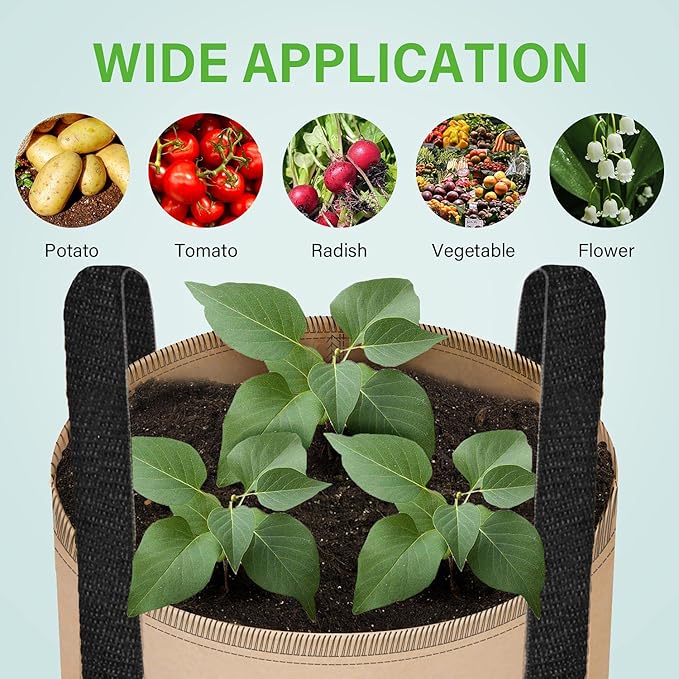 iPower Plant Grow Bag 20-Gallon 5-Pack Heavy Duty Fabric Pots, 300G Thickened Nonwoven Aeration Durable Container, Nylon Strap Handles for Gardening, Planting Tomatoes, Herbs, Flowers, Tan