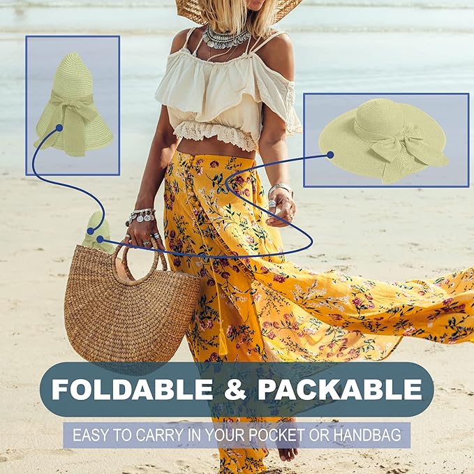 Women's Wide Brim UPF 50+ Straw Sun Hat with Bow - Foldable Packable Summer Beach Hat with Chin Strap