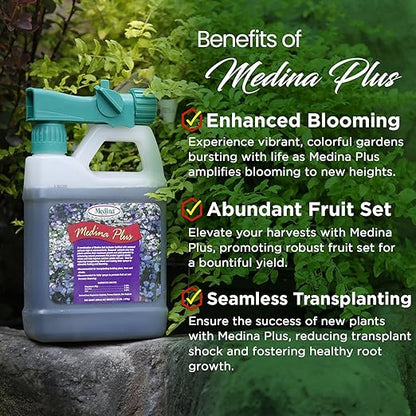 Medina Plus Soil Activator - Liquid Soil Loosener for Lawns & Gardens - Micronutrient-Rich Soil Conditioner & Softener - Used with House Plant Fertilizer, Liquid Plant Food for Houseplants - 1 End Qt