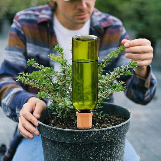 TINSKY 6 Sets Plant Watering Devices Terracotta Self Watering Spikes and 26 Oz Plastic Green Bottles Slow Release Vacation Plant Waterer Automatic Planter Insert for Indoor Outdoor Plants
