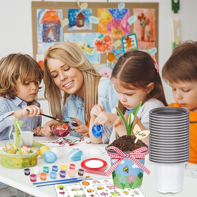 Aweyka Garden Plastic Pot Craft Kit 32 Nursery Pots with 32 Stickers 32 Plant Labels 4 Painting Tools and 1 Ribbon for Flower Plant Spring Graduation DIY Crafts Painting Gardening Growing Tools
