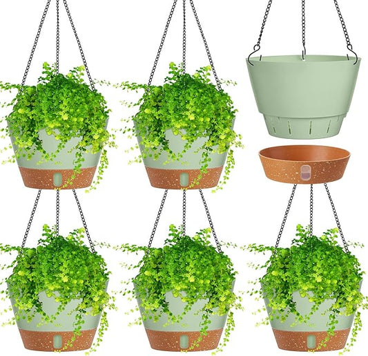 Amyhill 6 Pcs 8 Inch Hanging Planter for Indoor Plants Self Watering Hanging Pot Baskets with Drainage Hole Visible Water Level Tray with Hooks for Garden Outdoor(Green)