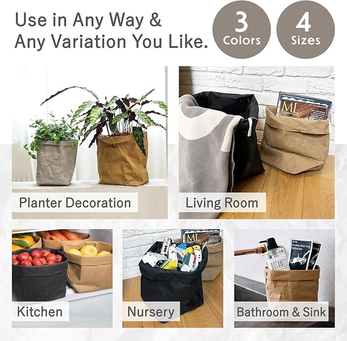 Planter Cover, Washable Kraft Paper Storage Bag, Interior, Case, Special Kraft Paper, Durable, Foldable, Toy Box, Stylish, Reliable Japanese Company, (Gray, Large)